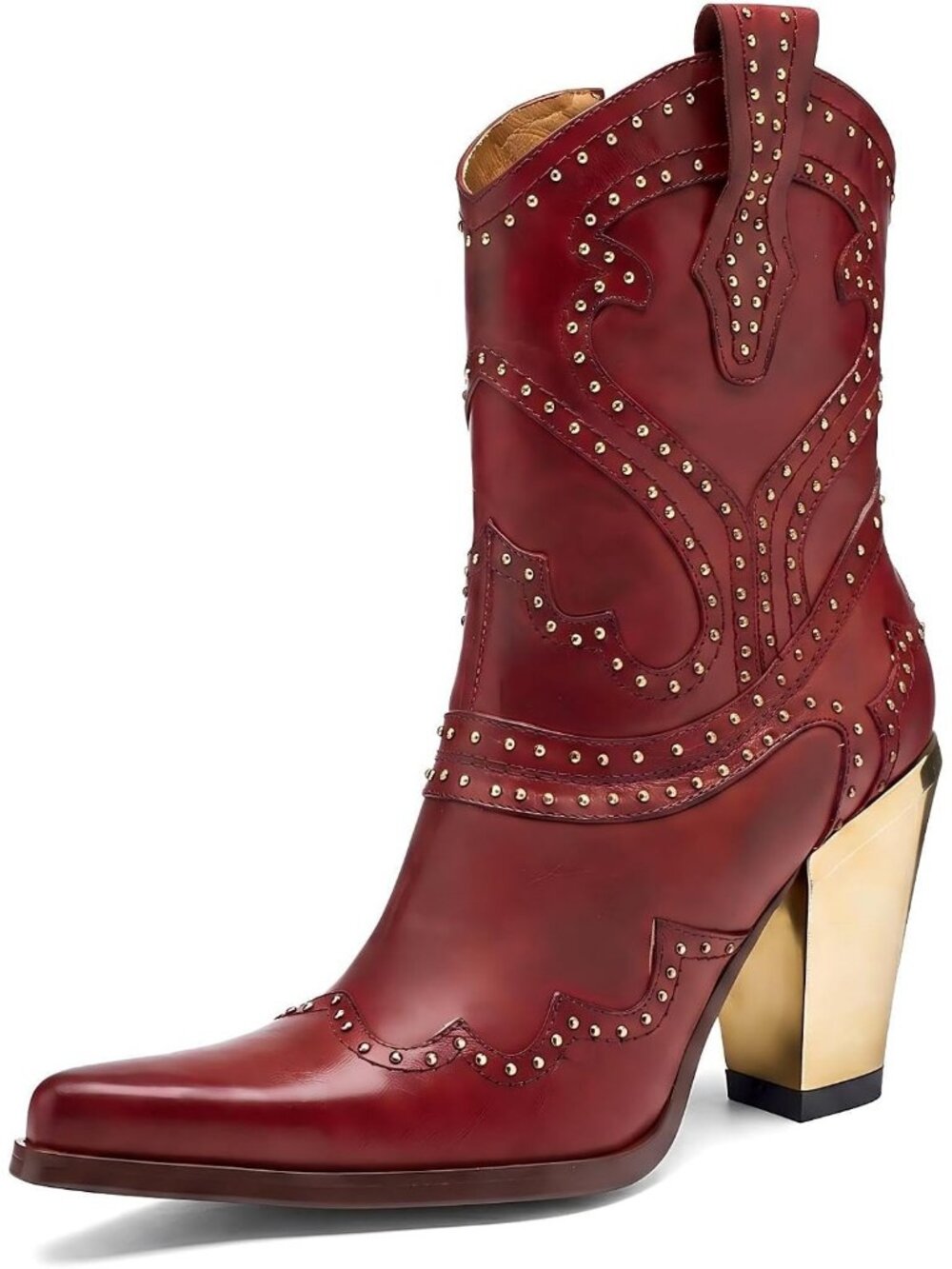 Women's Red Leather Rivet Cowboy Boots Pointed Toe Chunky Gold Heel Boots